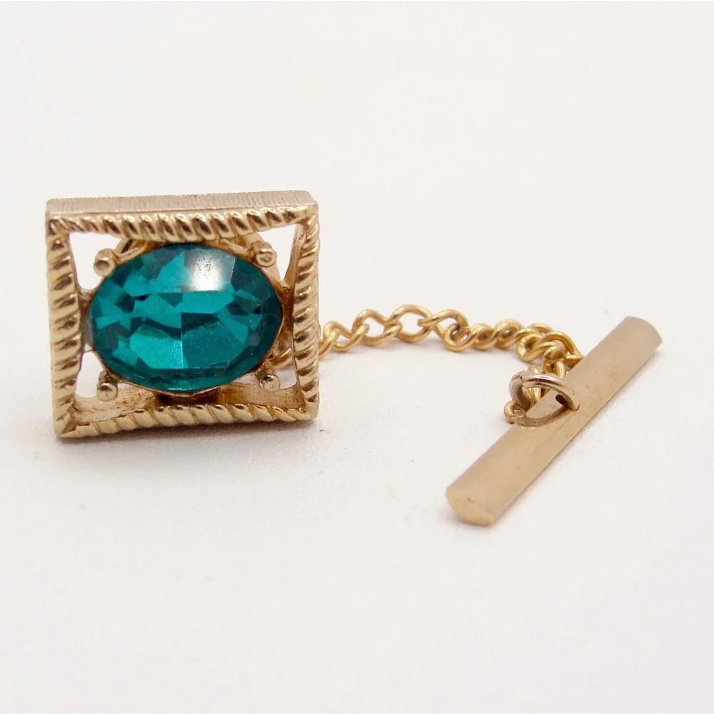 Vintage Swank Blue Aquamarine Crystal Gold Tone Square Rope Border Men Tie Tack